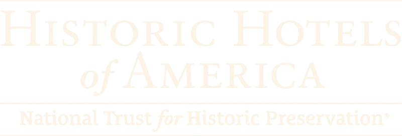Black and white logo text banner reading "Historic Hotels of America" followed by "National Trust for Historic Preservat