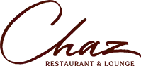 The Chaz Restaurant & Lounge logo featuring stylish red cursive text on a black background, suggesting an upscale romant