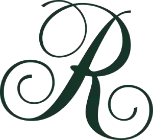 A sophisticated dark green, script-style capital letter R monogram set against a solid black background, suggesting luxu