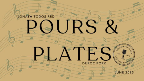 Promotional poster for the Pours & Plates dining event featuring wine, pork, and live jazz music in Kansas City.
