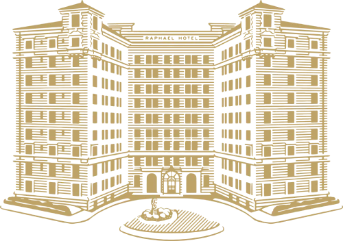 Stylized black and gold drawing of a classic historic hotel facade, symbolizing luxury accommodations in Kansas City, MO