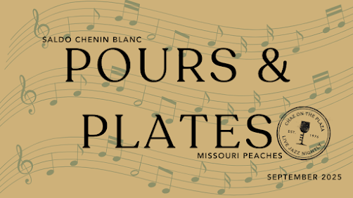 A promotional flyer for the "Pours & Plates" event featuring wine, food, and live jazz entertainment in Kansas City's Co