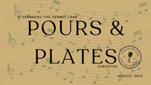 A promotional graphic for the Pours & Plates wine and dining event, featuring musical notes and a stamp for live jazz.